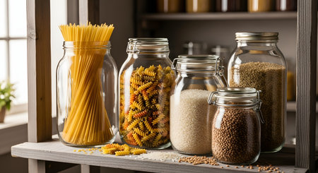 Various glass storage jars are filled with dry goods and neatly arranged on a wooden kitchen pantry shelf. The jars contain spaghetti, fusilli pasta, white rice, and lentils, promoting an organized kitchen and bulk food storage.の素材