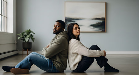 An interracial couple, a Black man and a white woman, sits back-to-back on the floor in a sparse room. They both look serious and unhappy, suggesting relationship problems, conflict, or a disagreement.の素材