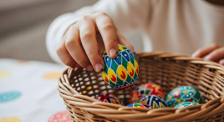 A child's hand places a beautifully hand-painted Easter egg with intricate traditional patterns into a wicker basket. The basket already holds several other colorful, decorated eggs. This image represents Easter traditions, egg decorating, and celebration.の素材