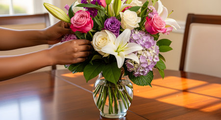 A close-up of a person's hands arranging a beautiful bouquet of flowers in a clear glass vase on a wooden table. The bouquet includes pink and white roses, white lilies, and purple hydrangeas, with sunlight streaming in.の素材