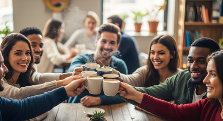 A happy and diverse group of young friends toasting with steaming coffee mugs at a wooden table in a cafe. They are all smiling and laughing, enjoying a social gathering and celebrating together.の素材