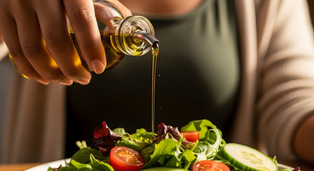 A close-up of a person's hand pouring golden olive oil from a glass bottle onto a fresh garden salad with tomatoes and cucumbers. The dish is full of healthy, raw vegetables like lettuce and cherry tomatoes.の素材