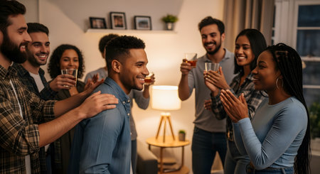 A group of diverse friends gathers around a smiling man at a cozy house party, patting him on the back and clapping. They are holding drinks, celebrating his success or birthday in a warm, supportive atmosphere.の素材