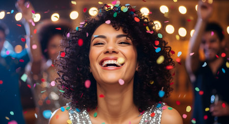 A joyful, laughing woman with curly hair celebrates at a party or club, with colorful confetti falling all around her. She is wearing a sparkly top, and the background is filled with blurred lights and other people, creating a festive, energetic atmosphere.の素材