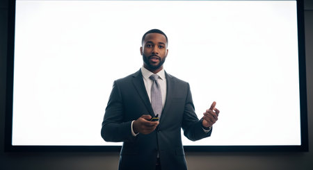 A professional Black businessman in a dark suit and tie stands in front of a large, blank white projection screen. He is holding a presentation clicker and gesturing, as if speaking at a conference, seminar, or business meeting.の素材