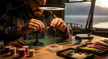 A bearded man sits at a desk, intently focused on tying a fishing fly under the bright light of a lamp. His workbench is covered with tools, colorful feathers, and threads, showcasing the intricate hobby of fly fishing.の素材