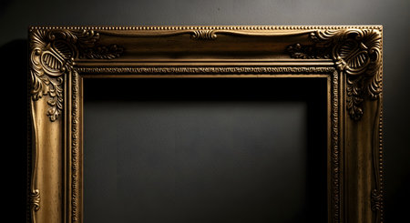 The corner of an ornate, empty, antique gold picture frame with intricate, carved details. The frame is set against a dark grey wall, with dramatic lighting creating shadows and highlighting the texture.の素材