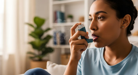 A young woman at home uses a blue asthma inhaler to manage her breathing. She is sitting on a couch, experiencing respiratory issues, and administering medication for her condition.の素材