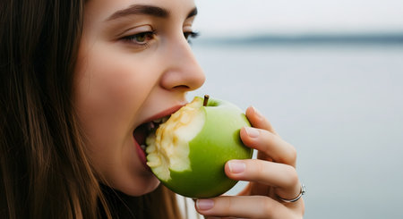 A close-up profile of a young woman biting into a crisp, green apple. She is outdoors with a blurred background of water and an overcast sky, representing a healthy lifestyle and snack.の素材