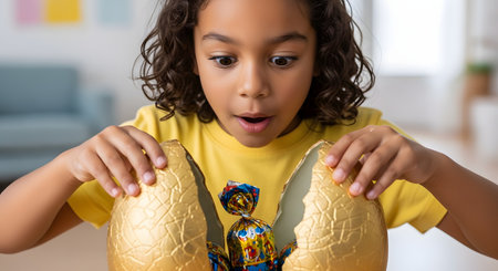 A young child with a wide-eyed, surprised expression opens a large, golden-wrapped chocolate Easter egg. Inside, a smaller, colorful foil-wrapped candy is visible. The image captures the joy, wonder, and excitement of Easter morning.の素材