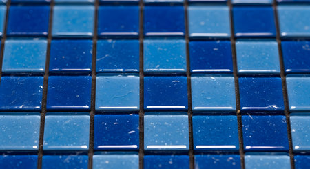 A macro, close-up shot of blue mosaic tiles, showing a grid pattern of squares in various shades of light and dark blue. The texture of the tiles and the dark grout lines are clearly visible.の素材