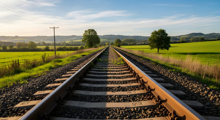 Empty railway tracks stretch into the distance, leading through a vast, green rural landscape under a blue sky. The scene is sunny and peaceful, with fields and trees on either side. The vanishing point perspective suggests a journey, travel, or the future.の素材