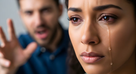 A close-up on a woman's face with red, teary eyes and a tear rolling down her cheek, looking sad. In the blurred background, a man is visible, yelling with an angry expression and a raised hand. The image depicts a relationship conflict, argument, or domestic abuse.の素材