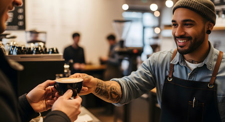 A friendly, smiling barista with tattoos and a beanie serves a cup of coffee with latte art to a customer. The warm, inviting atmosphere of the busy coffee shop is blurred in the background.の素材