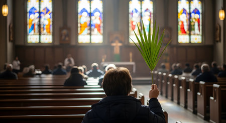 From a rear view, a person holds up a green palm frond while sitting in a pew during a Palm Sunday church service. The congregation and the altar with stained glass windows are visible in the background, bathed in light.の素材