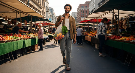 A stylish Black man smiles as he walks through a bustling outdoor farmers market, carrying a reusable mesh string bag filled with fresh produce, including lettuce and fruit. He is walking on a sunny day, with stalls and other shoppers in the background.の素材