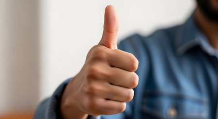 A close-up shot of a man's hand giving a thumbs-up gesture. The man is wearing a blue denim shirt, and the gesture signifies approval, agreement, success, or a positive response.の素材