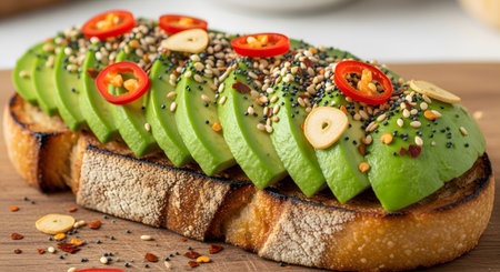 A close-up of a gourmet avocado toast on a thick slice of toasted sourdough bread. The avocado is fanned out and topped with red chili slices, garlic chips, and a mix of sesame and poppy seeds. This image represents a healthy, trendy breakfast or brunch.の素材