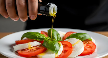 A close-up of a hand pouring a stream of golden olive oil from a dark bottle onto a fresh Caprese salad. The salad is beautifully arranged on a white plate with slices of red tomato, white mozzarella cheese, and vibrant green basil leaves.の素材