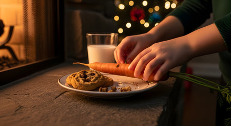 A child's hands place a carrot on a plate with chocolate chip cookies and a glass of milk by a warm fireplace. This is a traditional offering for Santa Claus and his reindeer on Christmas Eve, with a glowing Christmas tree in the background.の素材
