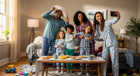 A happy, diverse multiracial family, all in pajamas, takes a playful selfie in a messy but cozy living room. The father has a pillow on his head as the oldest daughter holds the phone to capture the fun family moment.の素材