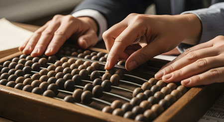 A close-up shot of a person's hands, dressed in a business suit, using a traditional wooden abacus. The fingers are moving the beads to perform a calculation, symbolizing finance, accounting, and traditional business methods.の素材
