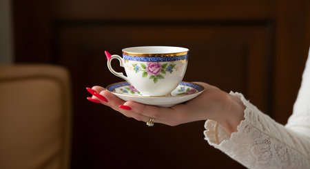 A woman's hand with long, bright red fingernails delicately holds a vintage porcelain teacup and saucer. The teacup has an ornate floral pattern with a blue and gold rim, and the woman wears a white lace sleeve.の素材