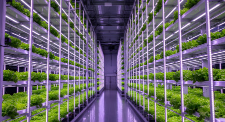 The interior of a large, modern vertical farm with racks of green lettuce growing on shelves. The plants are illuminated by purple and pink LED grow lights, showcasing sustainable agriculture and technology.の素材