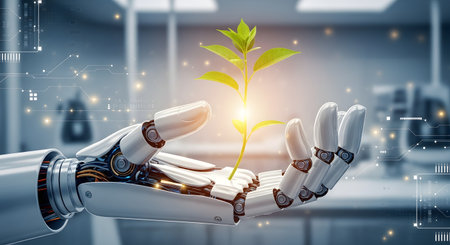 A concept image of a white, advanced robotic hand holding a small green plant that is glowing with a warm light. The image symbolizes the harmony of technology, AI, nature, and sustainability, set against a futuristic, tech-patterned background.の素材
