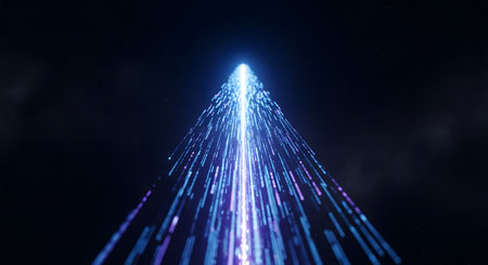 An abstract image of glowing blue and purple light trails, representing data, streaming upwards into a dark, starry sky. This visual concept symbolizes high-speed internet, data transfer, technology, and futuristic communication.の素材