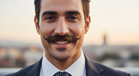 A close-up portrait of a handsome and confident man with dark hair, smiling warmly at the camera. He has a large, perfectly groomed handlebar mustache and is wearing a suit and tie, with a blurred city skyline at sunset in the background.の素材