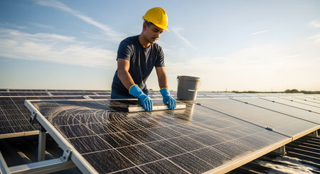 A worker wearing a yellow hard hat and blue gloves is cleaning a solar panel on a rooftop. He is using a squeegee and a bucket on a large solar farm under a sunny sky, representing renewable energy maintenance.の素材