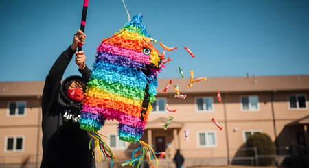 A person wearing a face mask and hoodie hits a colorful, rainbow-striped donkey pinata with a stick outdoors. Candy is flying out of the pinata as it breaks, suggesting a party or celebration.の素材