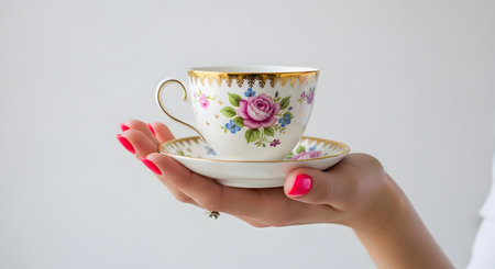 A woman's hand, adorned with bright pink nail polish and a ring, delicately holds a vintage porcelain teacup and saucer. The teacup features an elegant pink rose floral pattern and a gold rim, set against a plain white background.の素材
