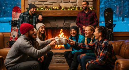 A group of happy, diverse friends in winter gear toasting with mugs of hot chocolate by a cozy fireplace. They are laughing in a rustic ski lodge, with snowboards and falling snow visible, enjoying an apres-ski moment.の素材