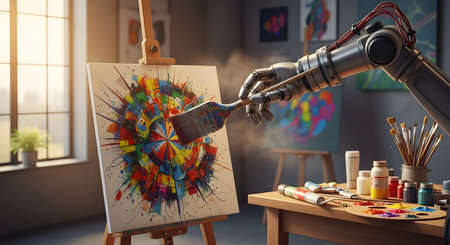 A metallic robotic arm holds a paintbrush and applies paint to a canvas on an easel, creating a colorful, abstract circular artwork. The scene is set in an artist's studio, symbolizing the intersection of artificial intelligence, creativity, and technology.の素材