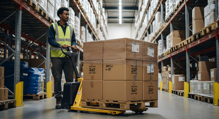 A warehouse employee wearing a yellow safety vest operates an electric pallet jack to transport a pallet stacked high with cardboard boxes. He is moving down an aisle between tall shelving units in a large logistics and distribution center.の素材