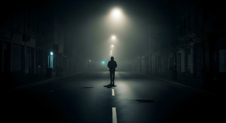 The silhouette of a man in a hoodie walks alone down the center of an empty, foggy street at night. The scene is illuminated by glowing streetlights, creating a mysterious, lonely, and atmospheric mood.の素材