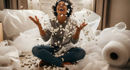 A joyful woman with curly hair laughs as she sits on the floor and tosses packing peanuts in the air. She is surrounded by bubble wrap and moving supplies, capturing a fun and happy moment during a house move.の素材