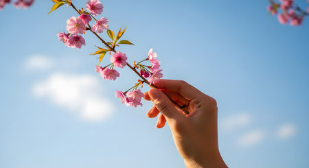 A person's hand gently holds a delicate branch of pink cherry blossoms (sakura) up against a bright blue sky with soft clouds. This image represents spring, beauty, nature, and a peaceful moment.の素材