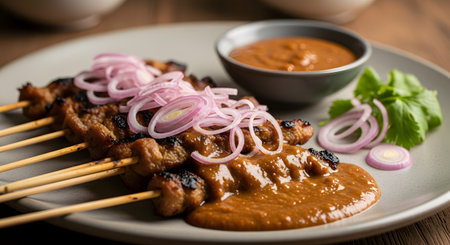 A close-up shot of delicious grilled chicken satay on skewers, generously drizzled with peanut sauce and topped with sliced red onions. A side bowl of peanut sauce is also visible on the plate.の素材