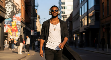 A stylish Black man walks confidently down an urban city street. He is wearing sunglasses, silver headphones, a white tank top, a black shirt, and a long black coat. The sun is setting, casting a warm light, and graffiti is visible on a wall to the left.の素材
