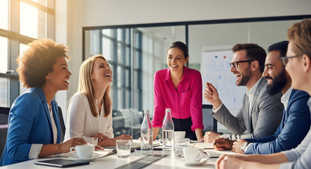 A diverse group of business colleagues sits around a conference table in a modern, sunny office, laughing together. One woman stands at the head of the table, smiling. The atmosphere is positive, friendly, and collaborative, suggesting a successful meeting.の素材