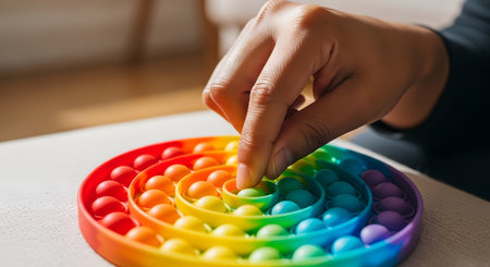 A close-up of a person's hand pushing the bubbles on a round rainbow-colored Pop It" fidget toy. The sensory toy is used for stress relief anxiety reduction or as a popular game for children."の素材
