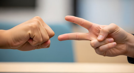 Two hands are shown playing the game 'rock, paper, scissors' against a blurred office or indoor background. One hand is in a fist (rock) and the other hand shows two fingers (scissors), with scissors losing to rock.の素材