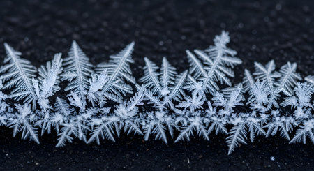An extreme macro photograph of intricate ice crystals, or frost, forming delicate, feathery patterns. The white, sharp-edged crystals stand out in stark contrast against a dark, textured background, creating a wintery abstract scene.の素材