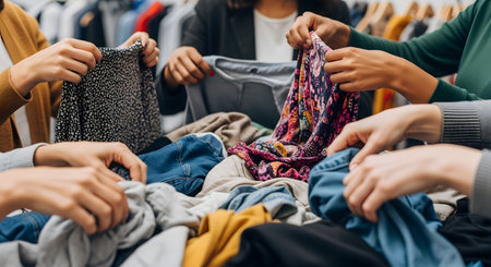 A close-up of many hands sorting through a large pile of second-hand clothes in a thrift store or at a clothing swap. The image represents sustainable fashion, bargain hunting, and circular economy.の素材