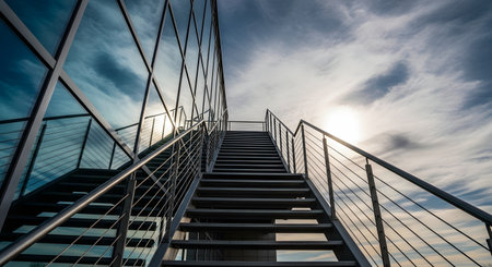 A low-angle shot looking up a metal staircase on the exterior of a modern glass-walled building. The sun is shining brightly in a blue sky with clouds, which are reflected in the glass, symbolizing progress, success, and ambition.の素材