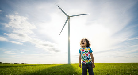 A young child with curly hair looks up in wonder at a large wind turbine spinning in a green field under a bright, sunny sky. The image symbolizes renewable energy, sustainability, and hope for the future.の素材