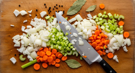 Freshly chopped onions, celery, and carrots are arranged on a wooden cutting board with a chef's knife. This preparation of mirepoix highlights healthy cooking and fresh ingredients.の素材